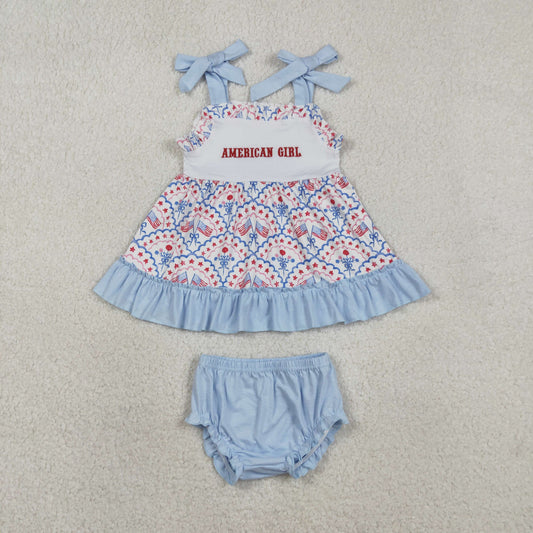 Embroidery American Girls Strap Flags Flowers Tunic Bummies 4th of July Romper Sets