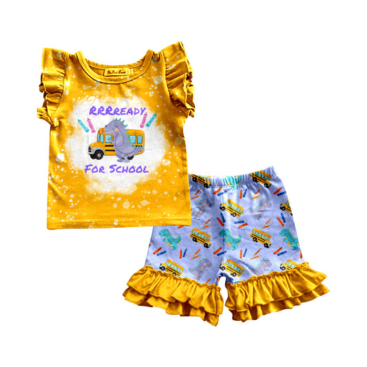 Baby Girls Dinosaur Back To School Flutter Sleeve Shirt Shorts Clothes Sets preorder(moq 5)