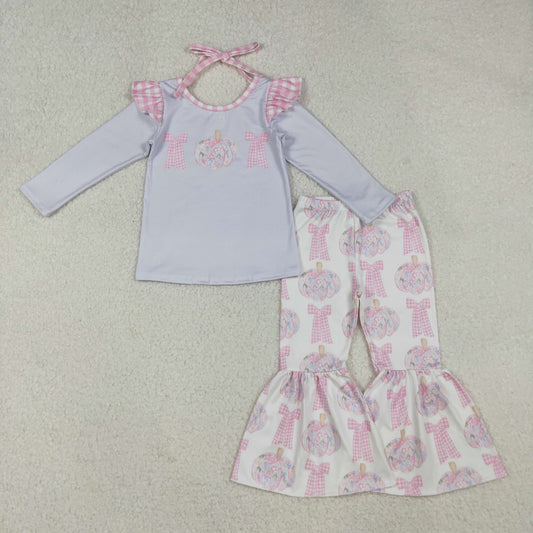 Baby Girls Long Sleeves Bows Pumpkins Top Bell Bottom Pants Fall Clothes Sets