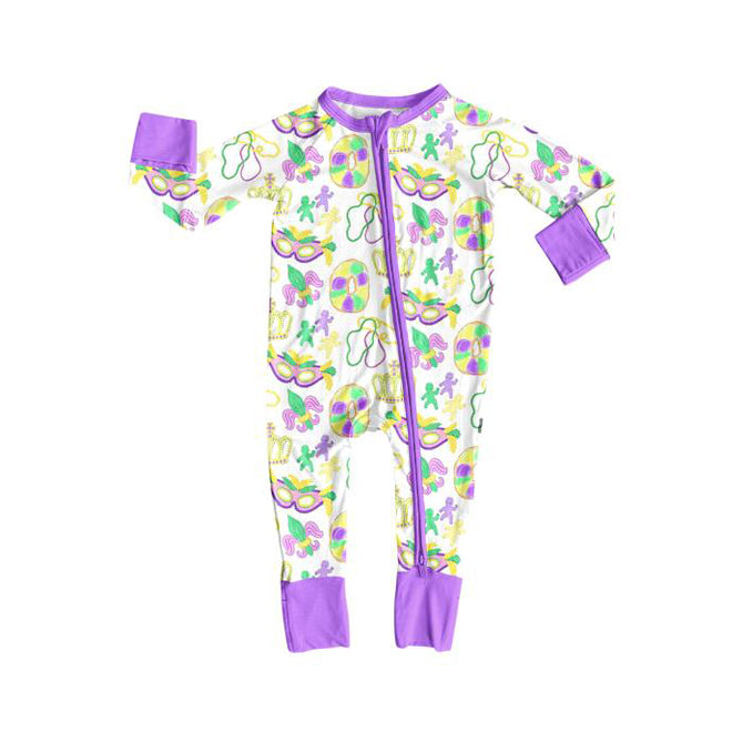 Preorder (moq 20)Baby Girls Bamboo Mardi Gras Anchors Masks Zippy Footie Rompers