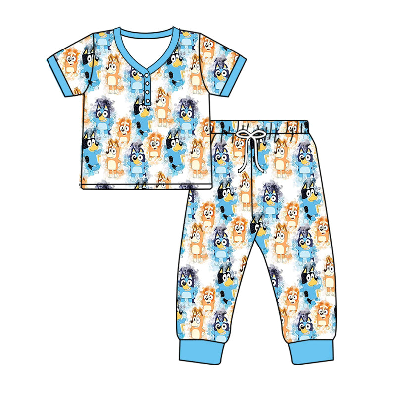 Preorder(moq 5) Adult Women Blue Dogs Buttons Tee Shirts Pants Pajamas Sets
