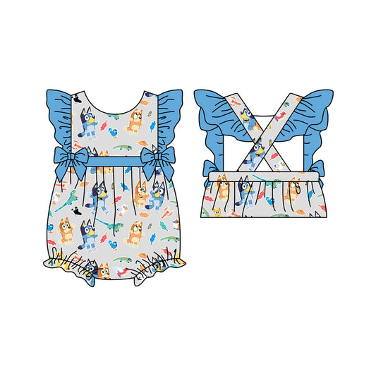Preorder(moq 5)Baby Infant Girls Blue Dogs Dinosaurs Ruffles Rompers