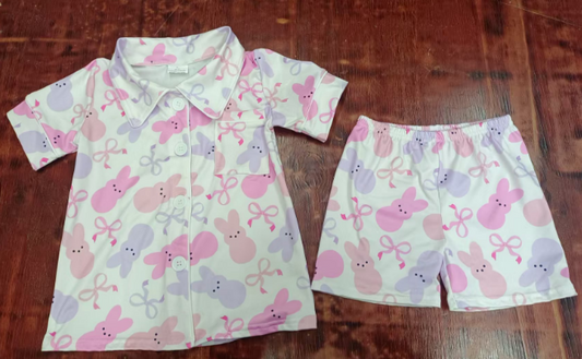 Preorder moq 5 Baby Girls Pink Bows Bunny Button Pocket Top Short Easter Pajamas Set