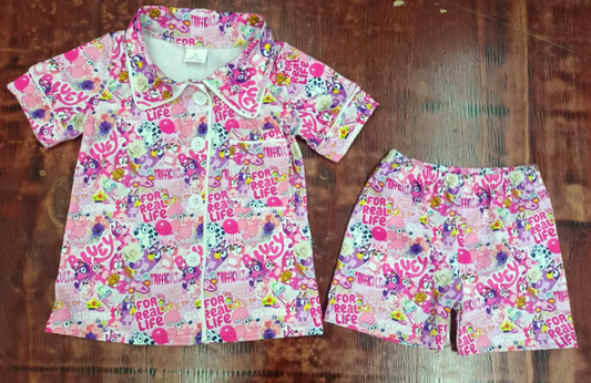 Preorder moq 5 Adult Women Cartoon Dogs Balloons Button Pocket Top Short Pajamas Set