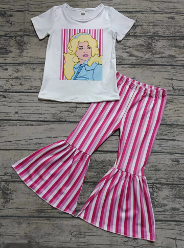 Preorder moq 5 Baby Girls Short Sleeves Princess Top Pink Stripe Bell Bottom Pant Set