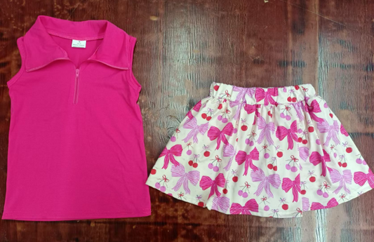 Preorder moq 5 Baby Girls Hot Pink Sleeveless Zipper Top Bows Skort Set