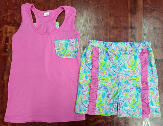 Preorder moq 5 Baby Girls Pink Sleeveless Bows Top Watercolor Floral Ruffle Short Set