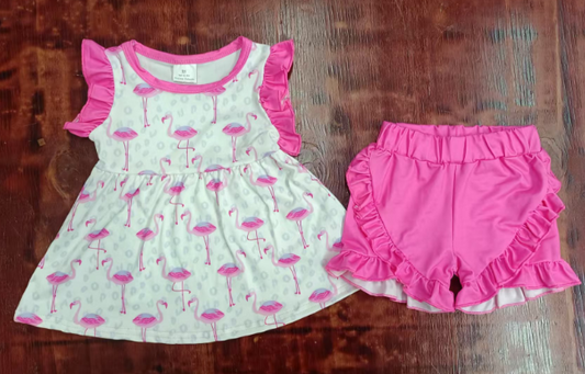 Preorder moq 5 Baby Girls Pink Sleeveless Flamingo Leopard Tunic Ruffle Short Set