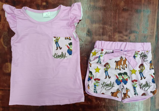 Preorder moq 5 Baby Girls Pink Flutter Sleeves Pocket Top Cartoon Men Short Set