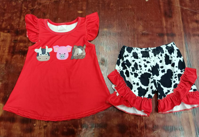 Preorder moq 5 Baby Girls Red Flutter Sleeves Horse Pigs Tunic Cow Print Ruffle Short Farm Set