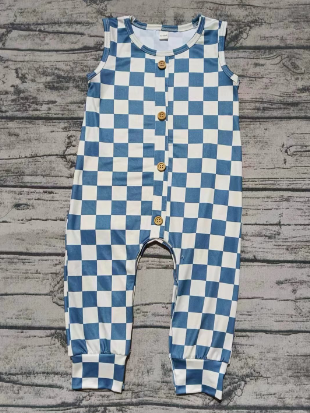 Preorder moq 5 Baby Boys Sleeveless Blue Plaid Button Pant Rompers