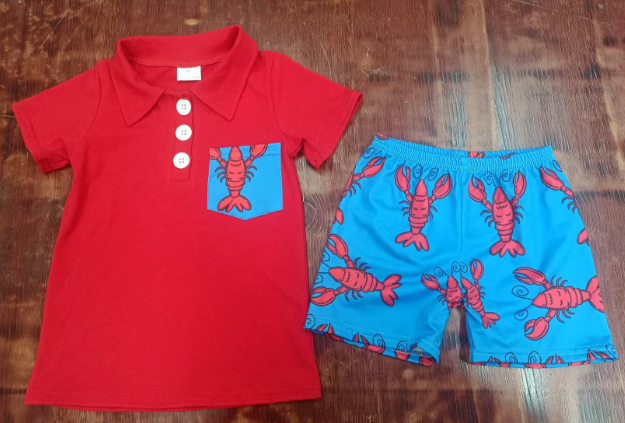 Preorder moq 5 Baby Boys Red Short Sleeves Button Pockets Top Blue Crayfishes Shorts Set