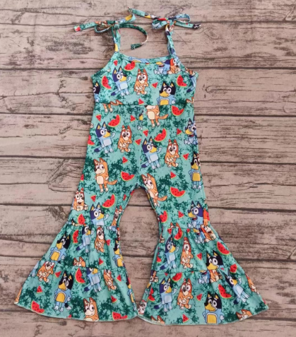 Preorder moq 5 Baby Girls Green Strap Cartoon Dogs Watermelon Ruffle Jumpsuits