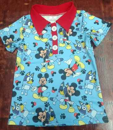 Preorder moq 5 Baby Boys Blue Short Sleeves Button Cartoon Mouse Dogs Polo Shirts Top