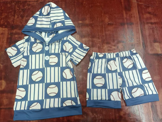 Preorder moq 5 Baby Boys Blue Short Sleeves Baseballs Button Hoodies Short Set