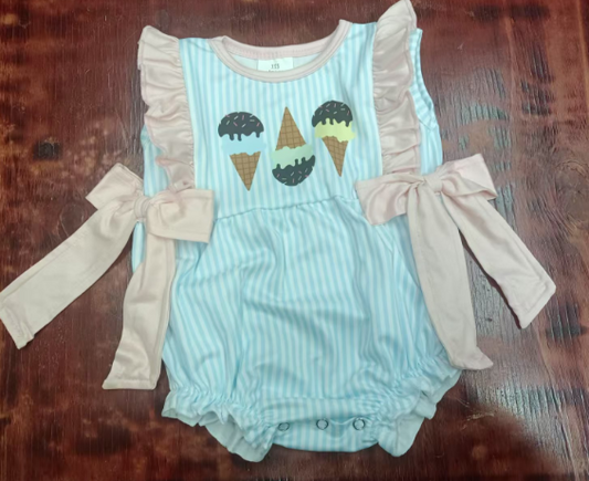 Preorder moq 5 Baby Girls Blue Stripe Sleeveless Ice Cream Bows Ruffle Rompers