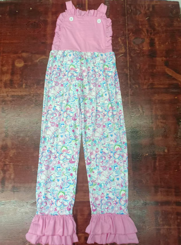 Preorder moq 5 Baby Girls Pink Strap Watercolor Floral Ruffle Jumpsuits