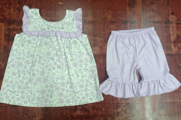 Preorder moq 5 Baby Girls Sleeveless Lavender Floral Tunic Ruffle Shorts Set