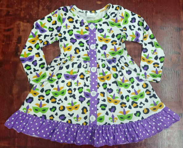 Preorder moq 5 Baby Girls Long Sleeves Colorful Leopard Button Smocks Knee Length Dress
