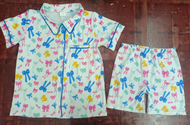 Preorder moq 5 Baby Girls Short Sleeves Colorful Bows Button Pocket Top Short Pajamas Set