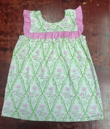 Preorder moq 5 Baby Girls Sleeveless Green Floral Plaid Knee Length Dress