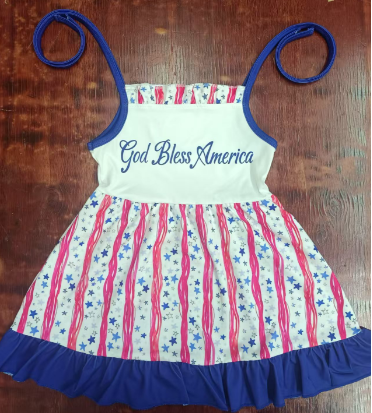 Preorder moq 5 Baby Girls Strap God Bless America Stars Stripe 4th Of July Knee Length Dress