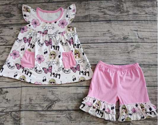 Preorder moq 5 Baby Girls Flutter Sleeves Butterfly Singers Pockets Tunic Ruffle Shorts Set