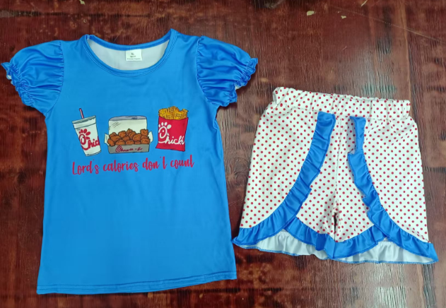Preorder moq 5 Baby Girls Blue Short Ruffle Sleeves Chip Chicken Top Polka Dots Ruffle Short Set