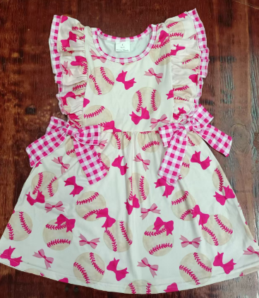 Preorder moq 5 Baby Girls Pink Plaid Flutter Sleeves Bows Baseballs Knee Length Dresses