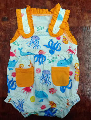 Preorder moq 5 Baby Girls Orange Sleeveless Sea World Pockets Ruffle Rompers
