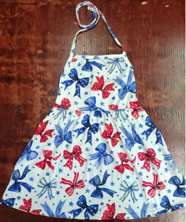 Preorder moq 5 Baby Girls Strap Blue Red Bows Stars 4th Of July Knee Length Dress