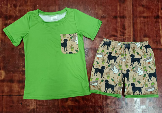 Preorder moq 5 Baby Boys Green Short Sleeves Pocket Top Dogs Ducks Shorts Set