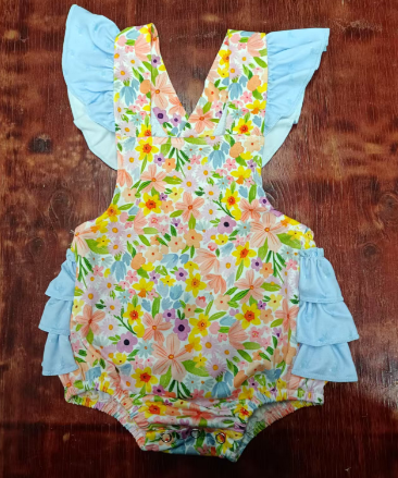 Preorder moq 5 Baby Girls Blue Flutter Sleeves Floral Ruffle Bubble Rompers
