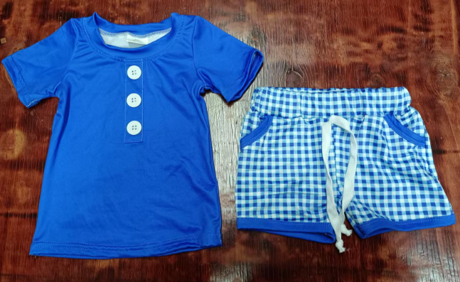 Preorder moq 5 Baby Boys Blue Short Sleeves Button Top Plaid Pockets Short Set