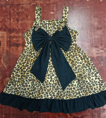 Preorder moq 5 Baby Girls Strap Leopard Black Bow Top Knee Length Dresses