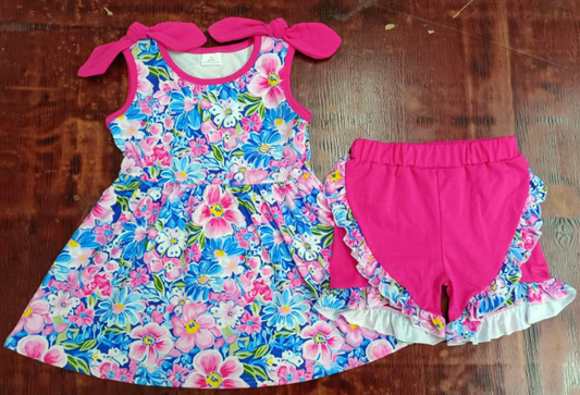 Preorder moq 5 Baby Girls Pink Strap Floral Tunic Ruffle Short Set