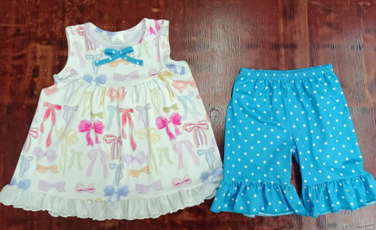Preorder moq 5 Baby Girls Sleeveless Colorful Bows Tunic Blue Polka Dots Ruffle Short Set