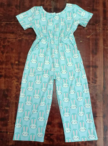 Preorder moq 5 Baby Girls Blue Short Sleeves Bunny Pockets Bell Jumpsuits