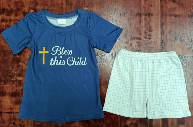 Preorder moq 5 Baby Boys Navy Short Sleeves Cross Bless This Child Top Aqua Plaid Short Set