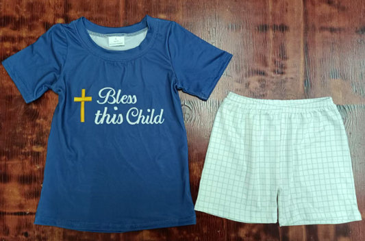 Preorder moq 5 Baby Boys Navy Short Sleeves Cross Bless This Child Top Aqua Plaid Short Set