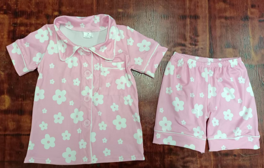 Preorder moq 5 Baby Girls Pink Short Sleeves Floral Button Pocket Top Short Pajamas Set