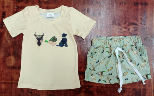 Preorder moq 5 Baby Boys Short Sleeves Dog Duck Deer Top Green Pockets Short Set