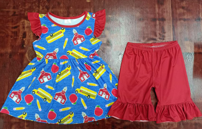 Preorder moq 5 Baby Girls Red Flutter Sleeves Pencils Apples Tunic Ruffle Short Back School Set
