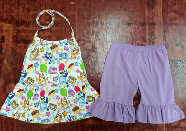 Preorder moq 5 Baby Girls Strap Cartoon Dogs Balloons Tunic Lavender Ruffle Short Sets