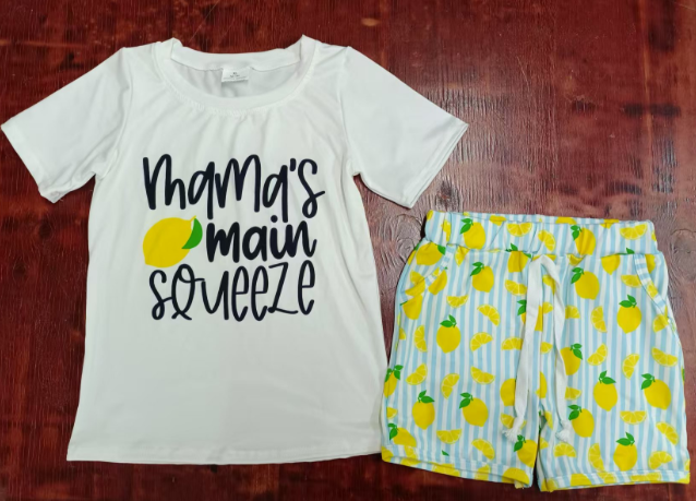 Preorder moq 5 Baby Boys Short Sleeves Mama's Main Top Pocket Lemons Shorts Set