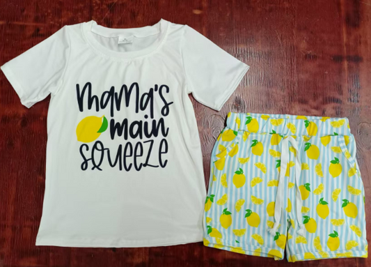 Preorder moq 5 Baby Boys Short Sleeves Mama's Main Top Pocket Lemons Shorts Set