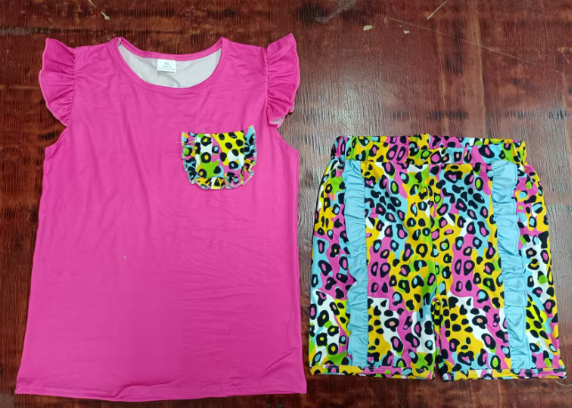Preorder moq 5 Baby Girls Pink Flutter Sleeves Pockets Top Colorful Leopard Ruffle Short Sets