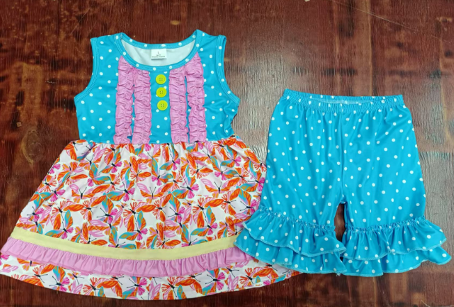 Preorder moq 5 Baby Girls Blue Polka Dots Sleeveless Button Butterfly Tunic Ruffle Short Sets