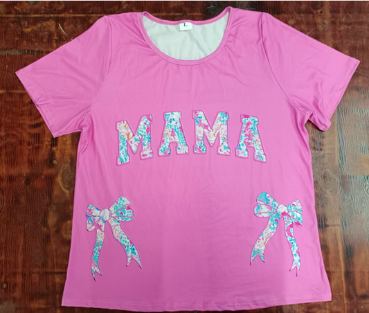 Preorder moq 5 Adult Women Pink Short Sleeves Floral MAMA Bows Tee Shirts Top