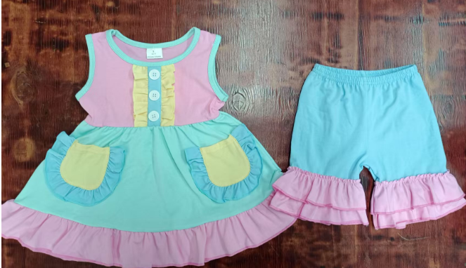 Preorder moq 5 Baby Girls Sleeveless Pink Blue Yellow Button Pockets Tunic Ruffle Short Sets